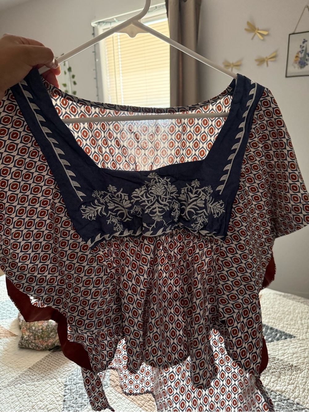 SHEIN Navy & Rust Printed Embroidered Blouse